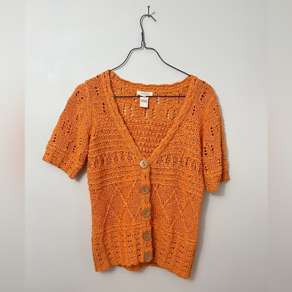 Sundance Womens XS Short Sleeve Cardigan Orange Loose Knit Stretch Buttons